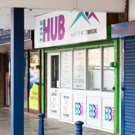 A side view of the entrance to the Holdbrook Hub