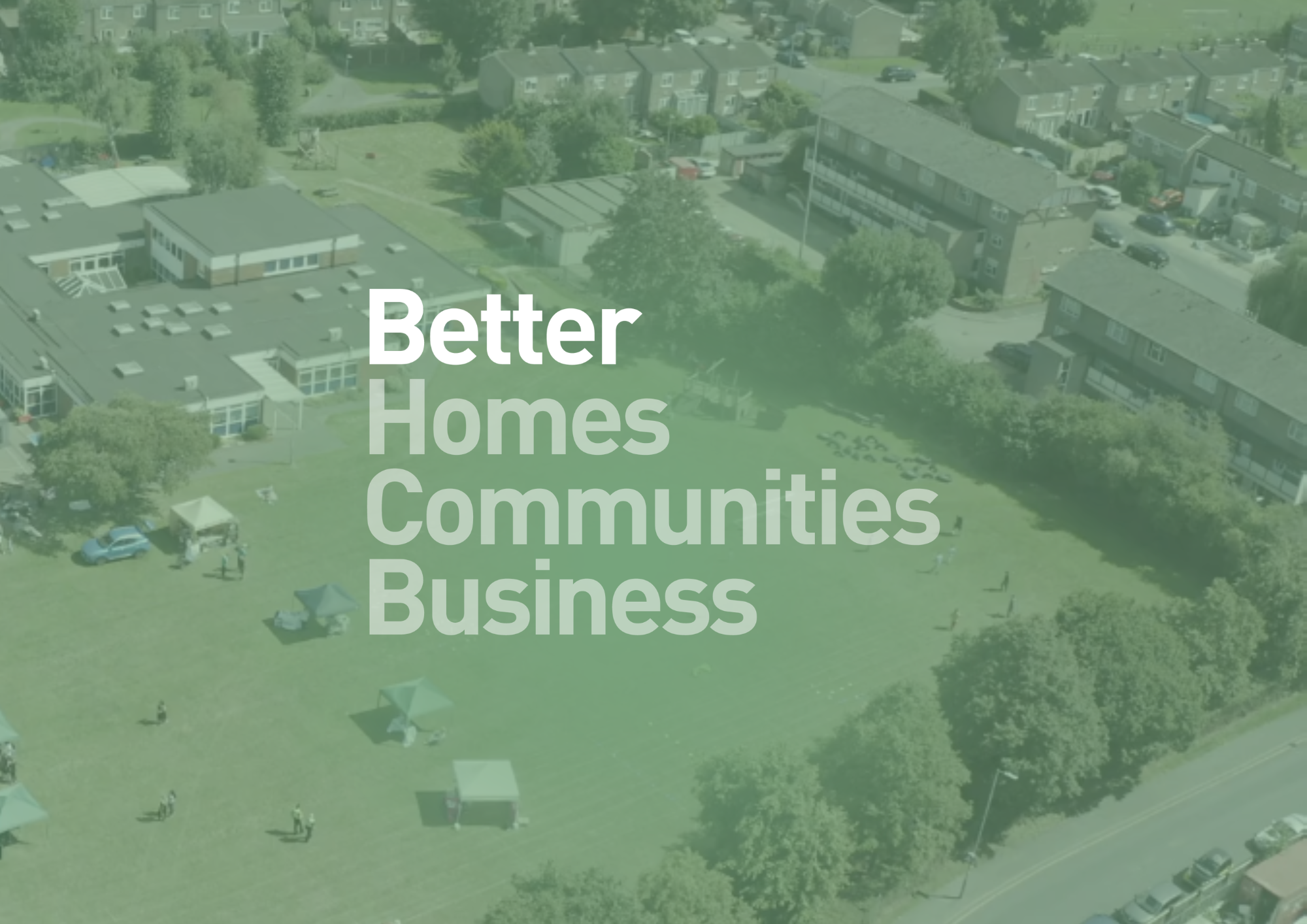 Customer Annual Report 2024 Thumbnail image reading "Better homes, communities, business" on top of an image of houses and a playing field