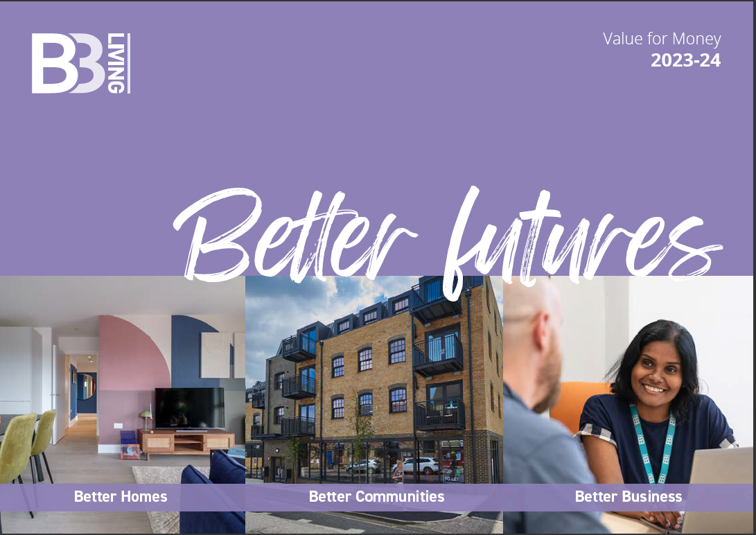 Thumbnail image of the front cover of the VFM report. Reads 'Value for Money 2023-24. Better futures. Better homes. Better Communities. Better Business."