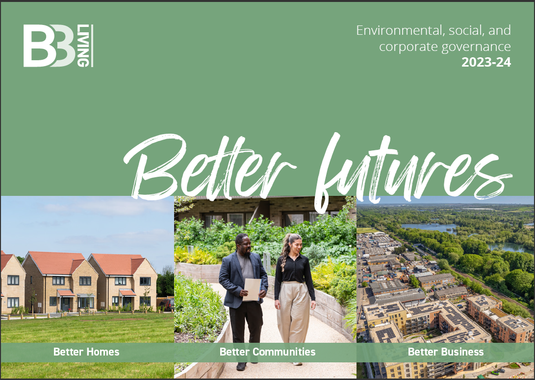 Thumbnail image of the front cover of the ESG report. Reads 'Environmental, social and corporate governance 2023-24. Better futures. Better homes. Better Communities. Better Business."